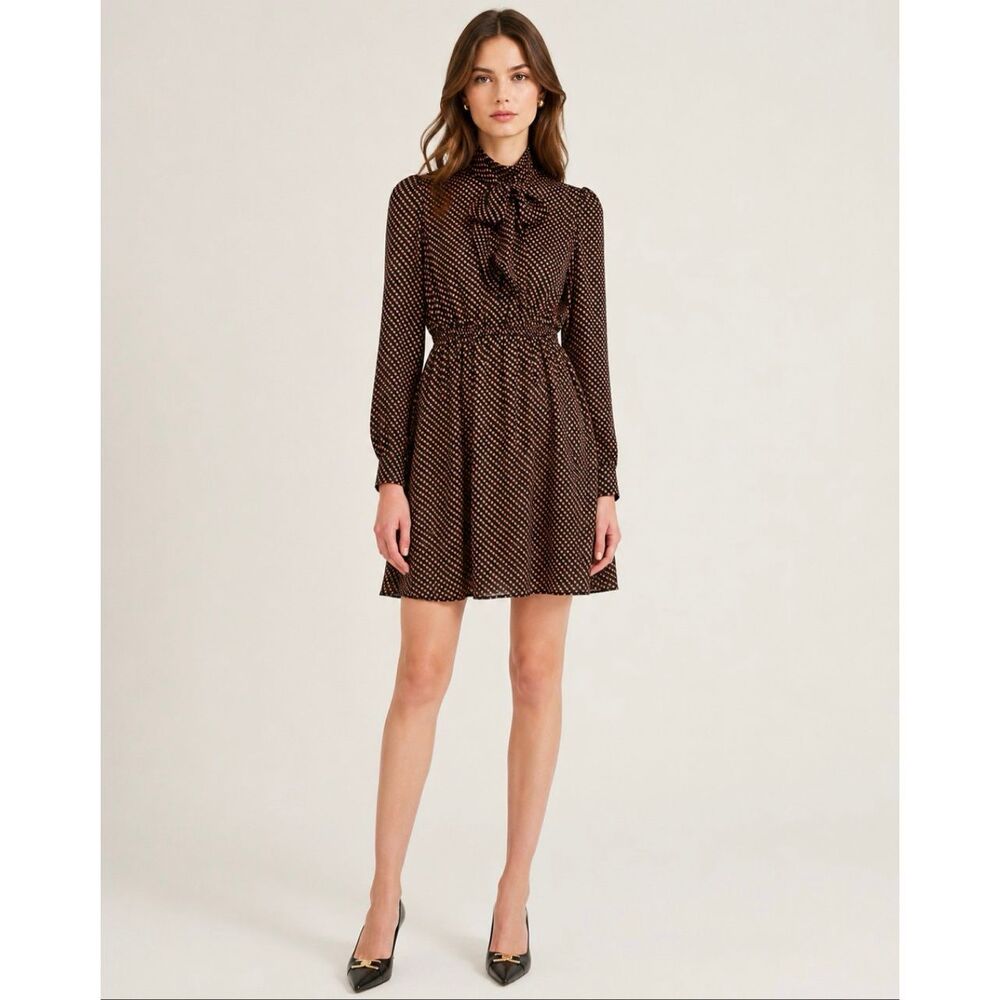 Tara Jarmon Tie Polka Dot Bow Brown Mini Dress FR 38 US 6